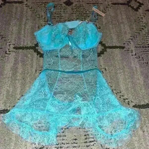Victoria Secret Lingerie Babydoll Light Blue Wicked Lace Apron Tie Up Underwire